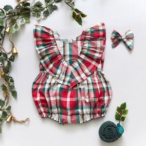 PINK CHICKEN Raphaela Bubble Holiday Tartan 3-6 Month with matching headband